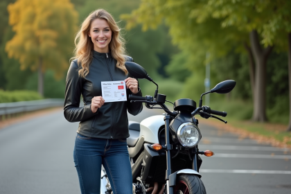 Jeune femme fiere avec permis moto en extérieur