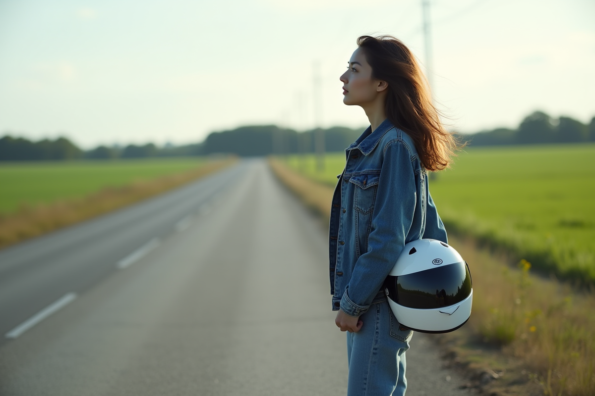 Jeune femme avec casque blanc sur route rurale