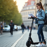 Jeune femme avec scooter électrique en ville