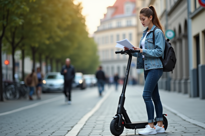 Jeune femme avec scooter électrique en ville
