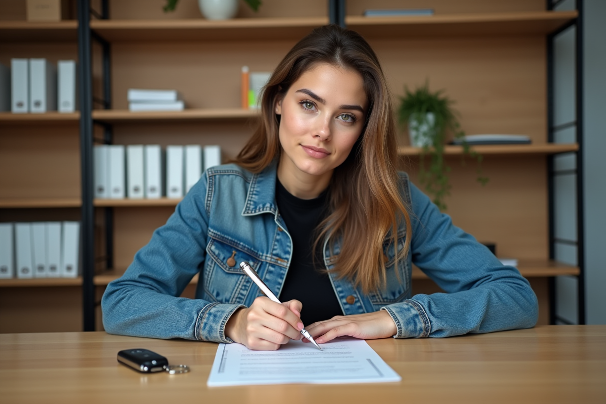 Jeune femme signant un document dans un bureau moderne