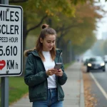 Jeune femme urbaine consulte son smartphone près d'un panneau vitesse