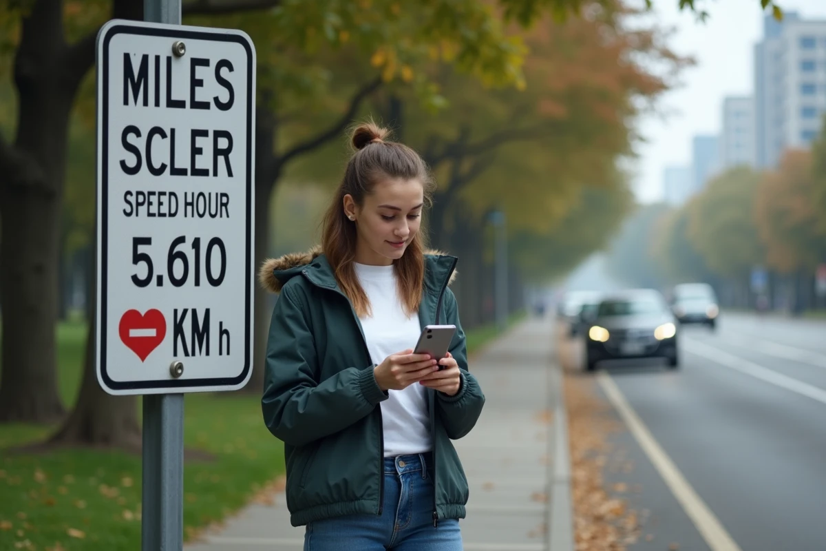 Jeune femme urbaine consulte son smartphone près d'un panneau vitesse