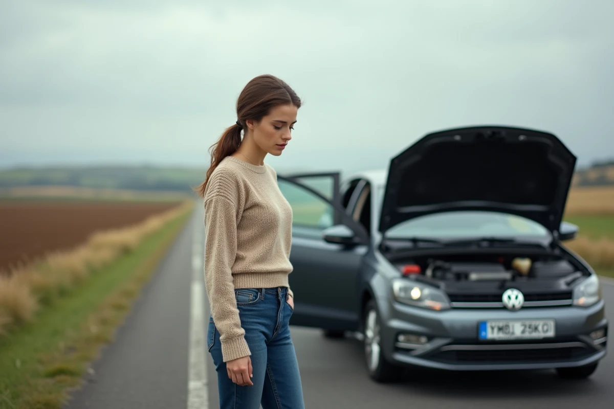 Jeune femme regardant le moteur de sa voiture en campagne