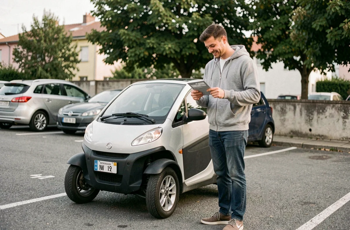 Jeune homme tenant une carte grise devant une voiture sans permis dans un parking résidentiel