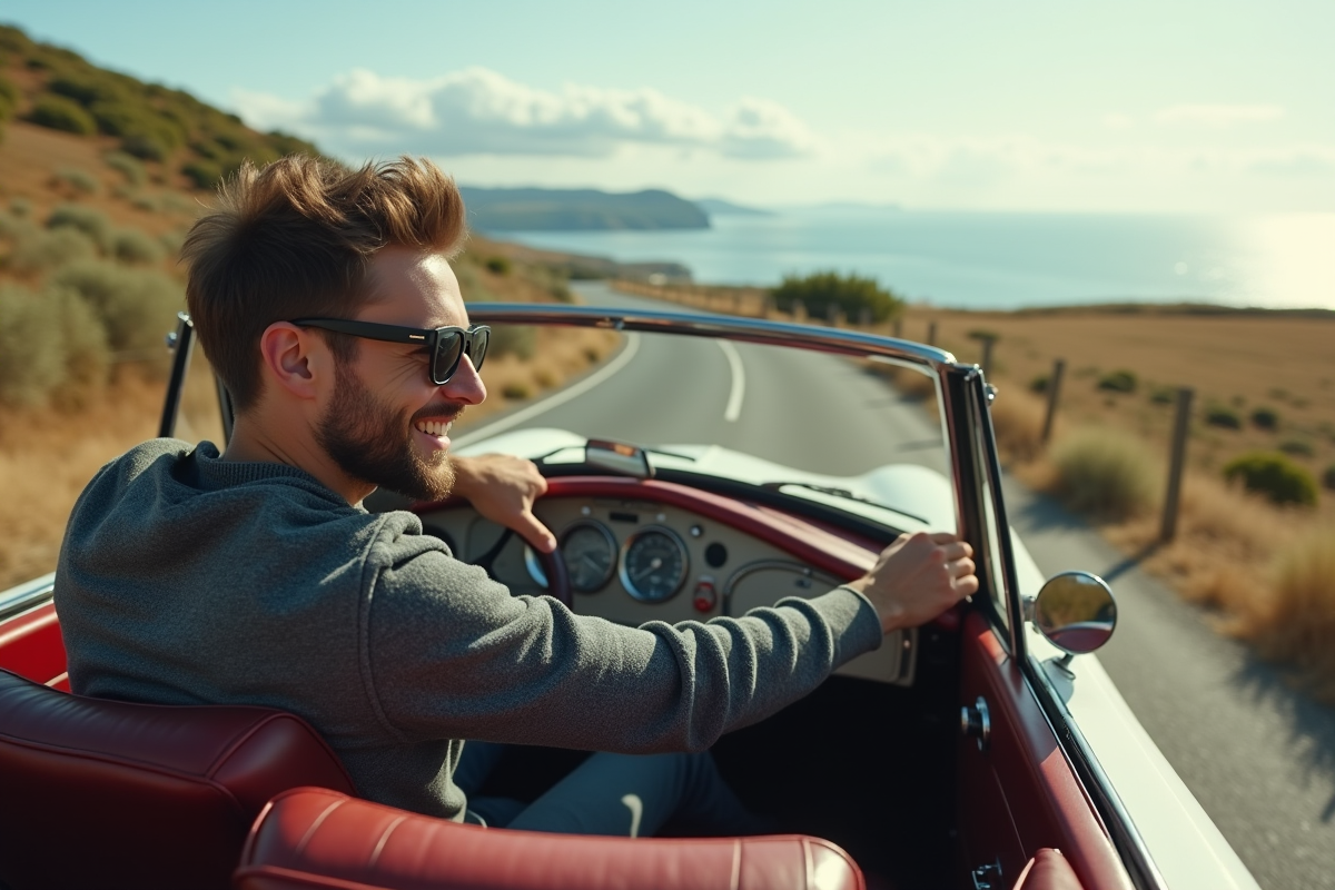 Jeune homme conduisant cabriolet en bord de mer en France