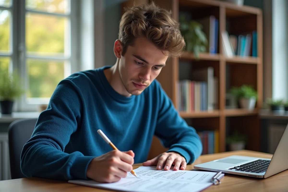 Jeune homme étudiant des questions de permis de conduire à la maison