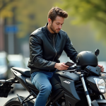 Jeune homme en moto A2 sur le trottoir urbain