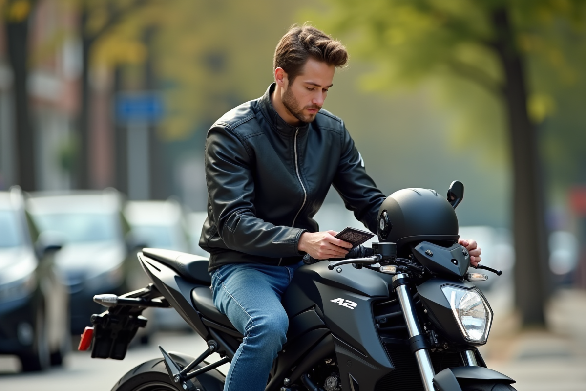 Jeune homme en moto A2 sur le trottoir urbain