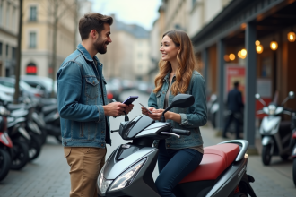 Jeune homme avec moto 125cc dans un concessionnaire urbain