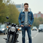 Jeune homme en denim avec moto en ville