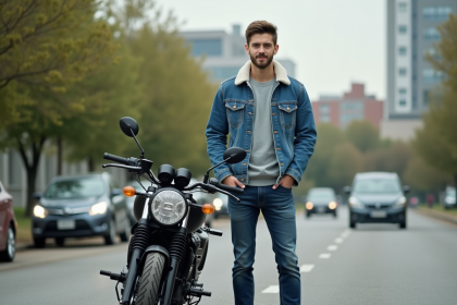 Jeune homme en denim avec moto en ville