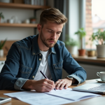 Jeune homme remplissant papiers de voiture dans une cuisine lumineuse