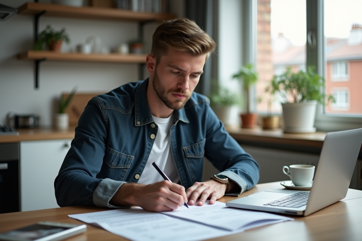 Jeune homme remplissant papiers de voiture dans une cuisine lumineuse