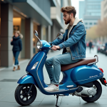 Jeune homme avec scooter bleu en ville moderne