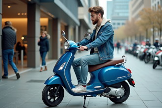 Jeune homme avec scooter bleu en ville moderne