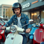 Jeune homme avec casque examine un scooter 50cc en ville