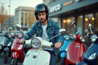 Jeune homme avec casque examine un scooter 50cc en ville