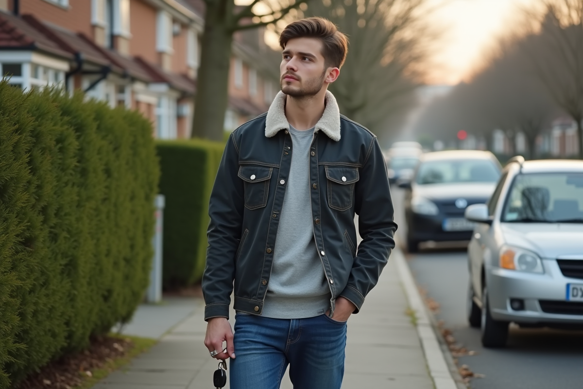 Jeune homme contemplant des voitures dans une rue résidentielle