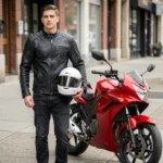 Jeune motard en blouson noir posant à côté de sa moto 125cc rouge en ville, illustrant le coût d'une assurance moto 125