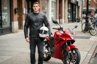 Jeune motard en blouson noir posant à côté de sa moto 125cc rouge en ville, illustrant le coût d'une assurance moto 125
