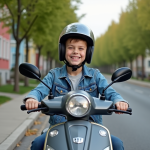 Jeune garçon souriant sur scooter en quartier résidentiel