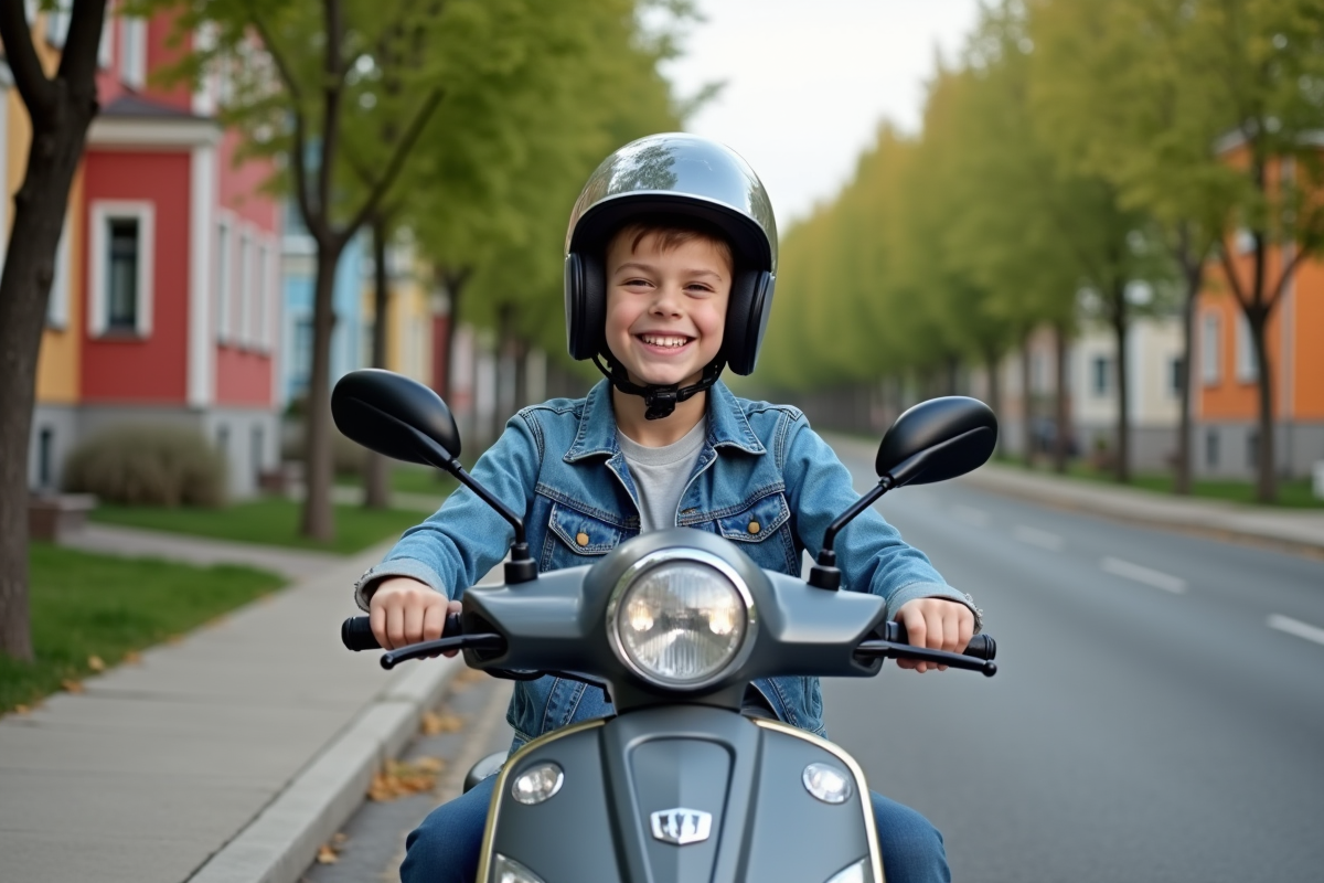 Jeune garçon souriant sur scooter en quartier résidentiel