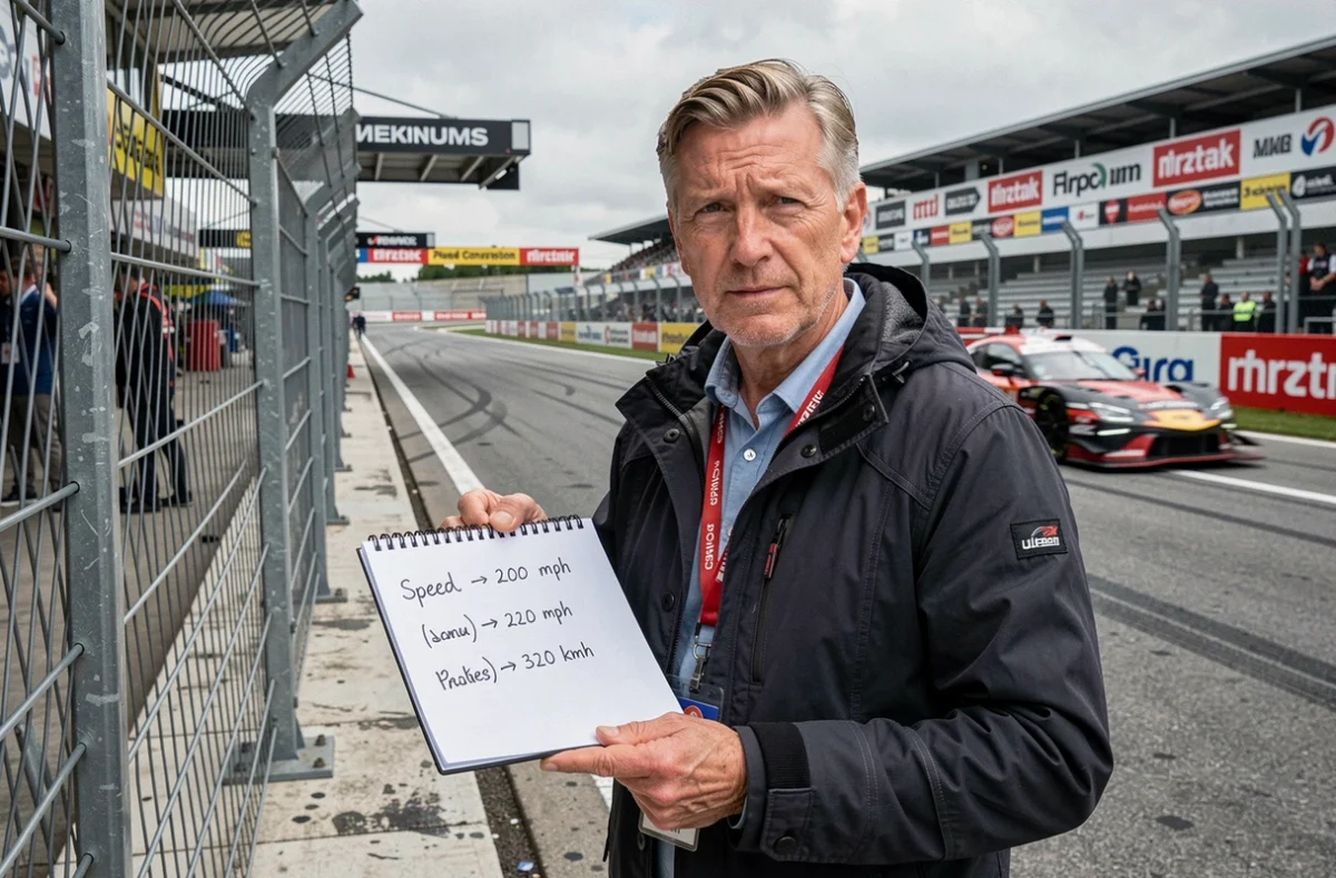 Journaliste de sport automobile notant des conversions de vitesse en mph et km/h dans les stands d'un circuit de course