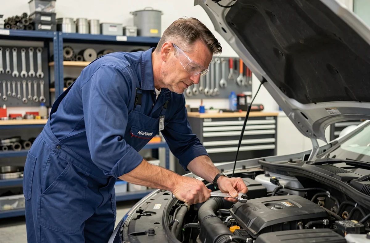 Mécanicien de Karr Gregam travaillant sur le moteur d'une voiture dans son atelier professionnel