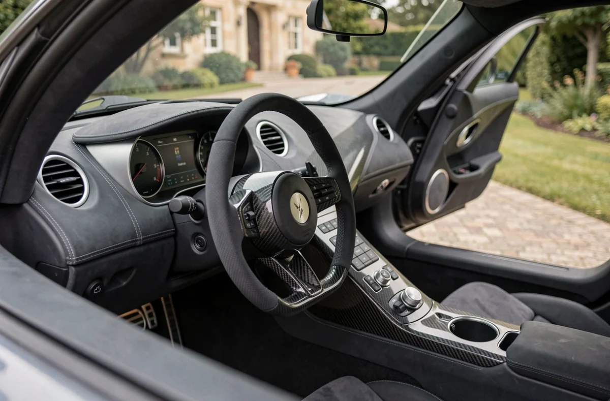 Intérieur luxueux d'une Koenigsegg Agera avec volant en carbone et cuir sur-mesure, vue depuis la portière ouverte