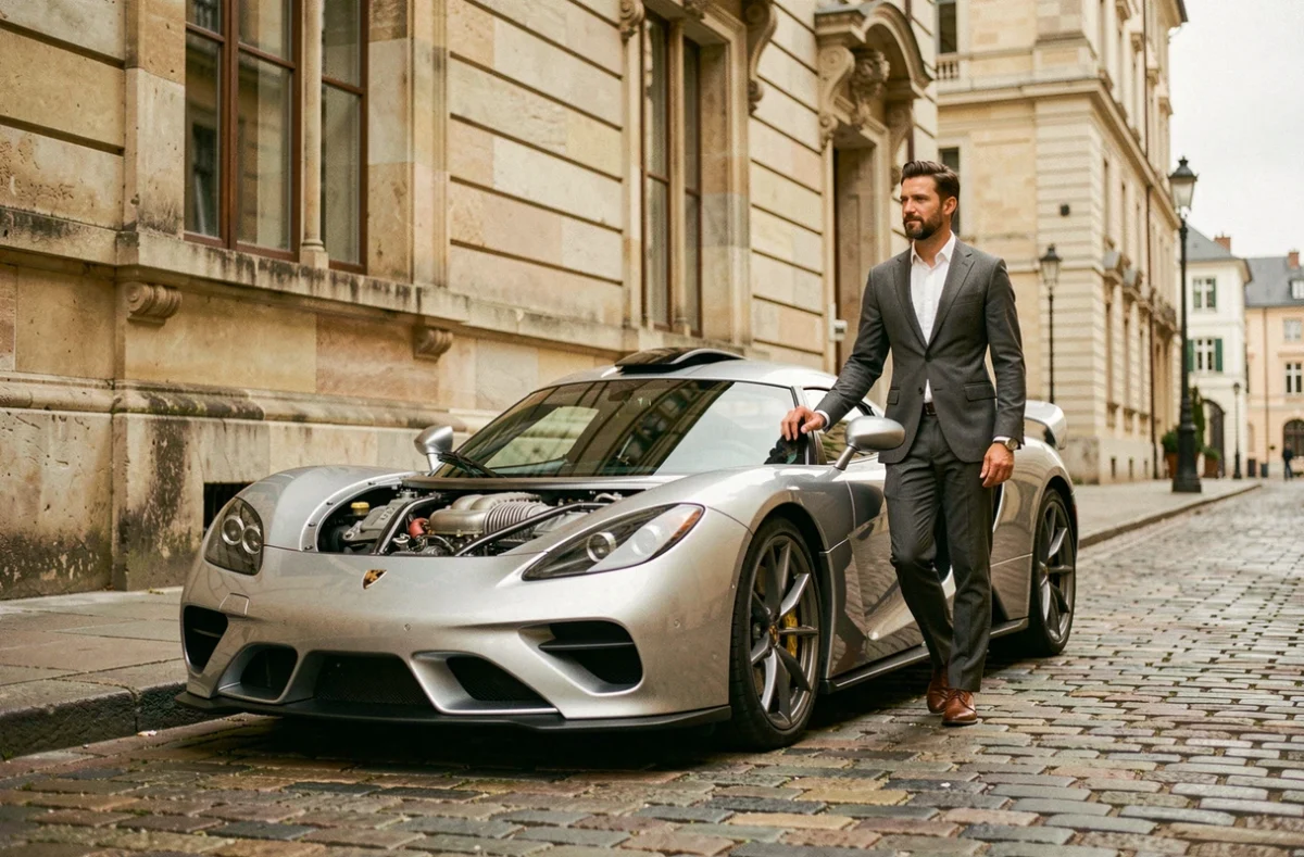Homme en costume contemplant une Koenigsegg Agera argentée garée sur une rue pavée européenne