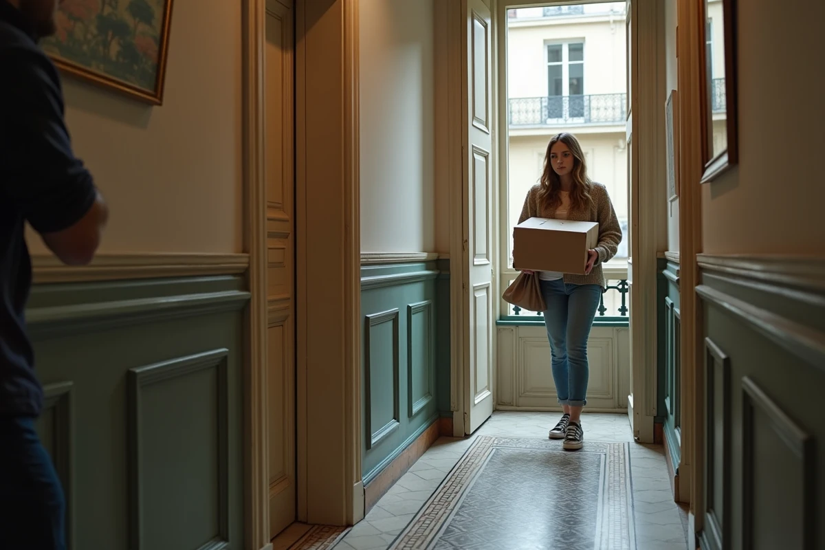 Femme recevant un colis dans un hall parisien