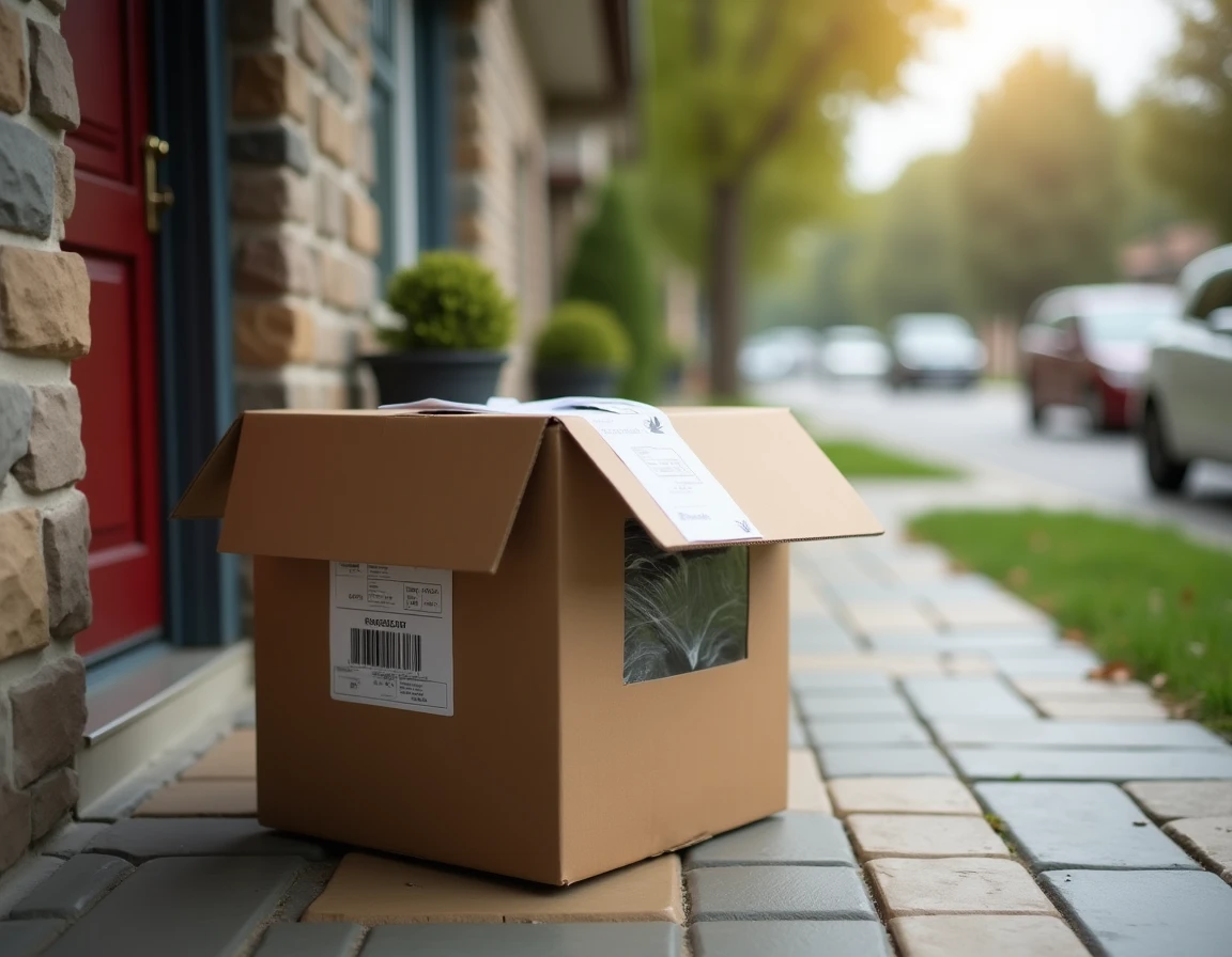 Livraison d'un pneu commandé en ligne sur le pas de la porte, carton ouvert avec bon de livraison