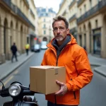 Livreur à scooter dans une rue parisienne calme