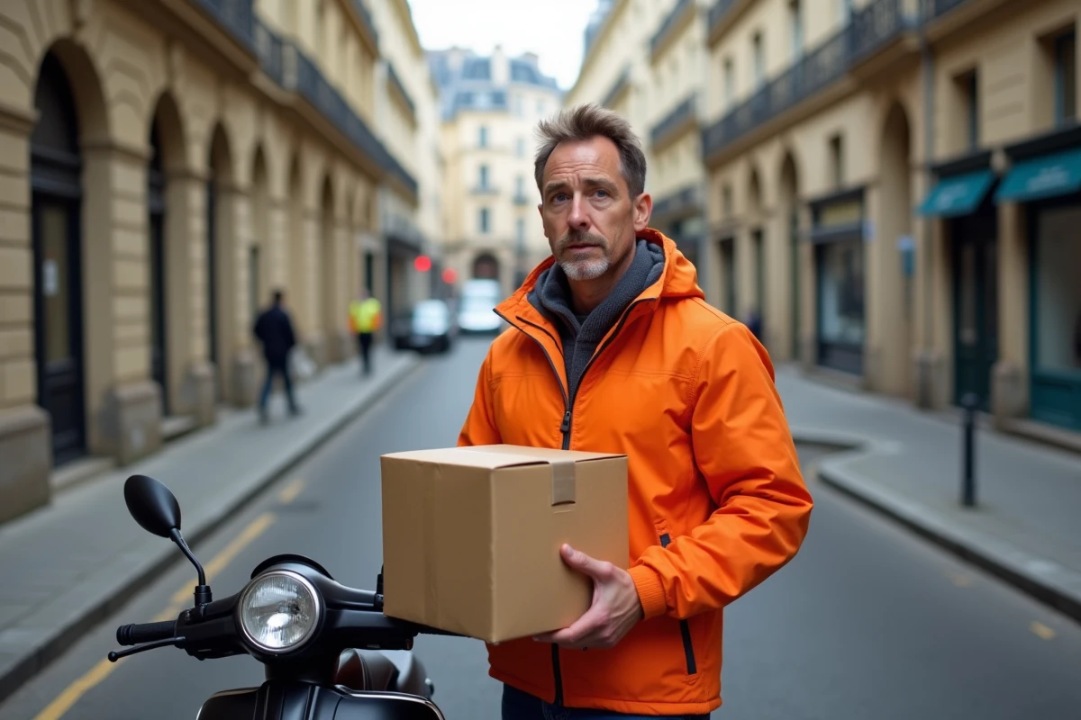 Livreur à scooter dans une rue parisienne calme