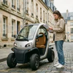 Jeune femme consultant les tarifs d'une voiture sans permis en location à Caen