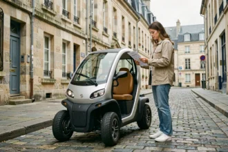 Jeune femme consultant les tarifs d'une voiture sans permis en location à Caen