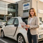 Jeune femme récupérant une voiture sans permis auprès d'une agence de location à Clermont-Ferrand