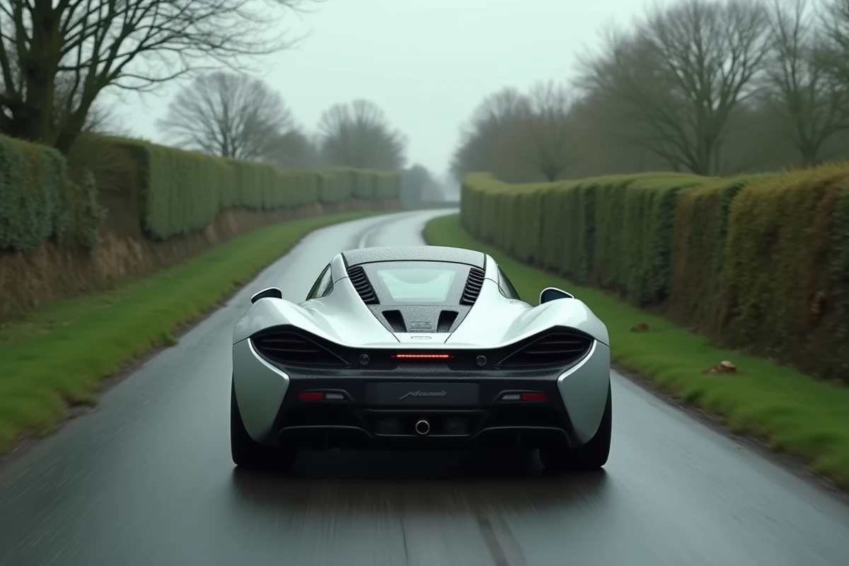 McLaren F1 argentée en pleine accélération dans un virage sur une route de campagne britannique, prise en filé depuis un véhicule suiveur
