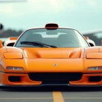 McLaren F1 vue trois quarts avant sur tarmac d'aérodrome privé, capot moteur ouvert révélant la mécanique dorée emblématique