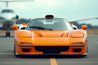 McLaren F1 vue trois quarts avant sur tarmac d'aérodrome privé, capot moteur ouvert révélant la mécanique dorée emblématique