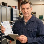 Mécanicien de garage tenant une carte grise et une tablette numérique pour la dématérialisation des démarches administratives automobiles