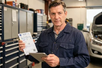 Mécanicien de garage tenant une carte grise et une tablette numérique pour la dématérialisation des démarches administratives automobiles