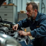Mécanicien inspectant le circuit carburant d'un moteur Peugeot pour diagnostiquer un code P0087