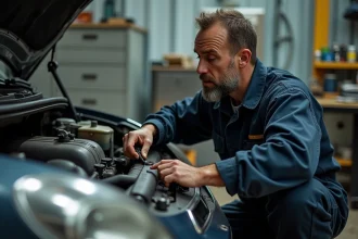 Mécanicien inspectant le circuit carburant d'un moteur Peugeot pour diagnostiquer un code P0087