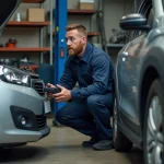 Mécanicien inspectant le moteur 1.5 BlueHDi 130 dans un garage indépendant avec scanner de diagnostic