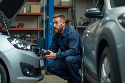 Mécanicien inspectant le moteur 1.5 BlueHDi 130 dans un garage indépendant avec scanner de diagnostic