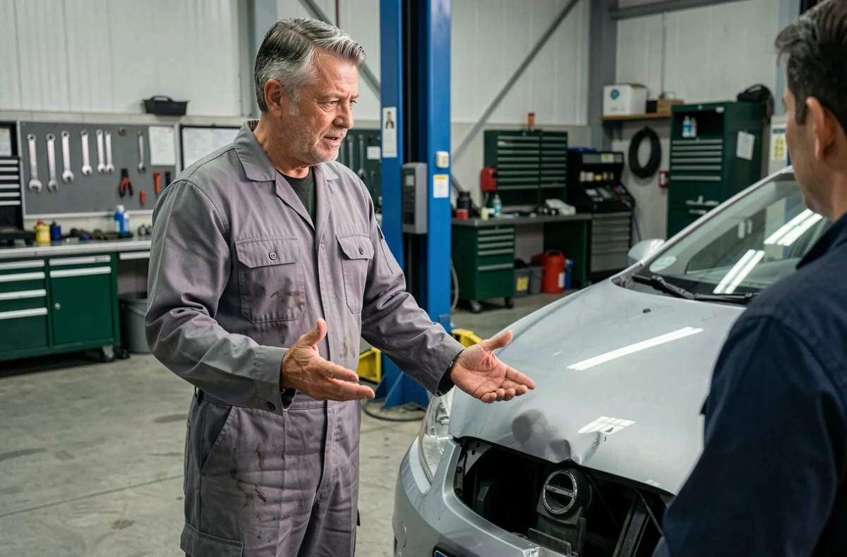 Mécanicien en garage automobile expliquant les coûts de réparation liés à l'assurance auto