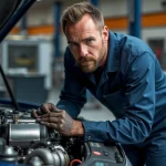 Mécanicien inspectant un moteur TCe turbocompressé dans un atelier automobile professionnel
