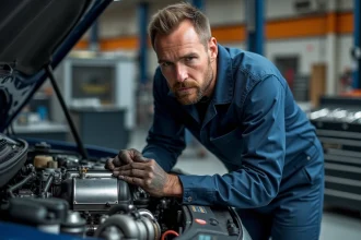 Mécanicien inspectant un moteur TCe turbocompressé dans un atelier automobile professionnel